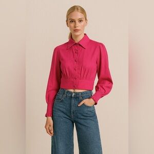 Duplo Sendito Linen Blouse Cropped Button Down Balloon Sleeve Barbie Pin…​